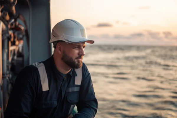 Marine deck officer wearing hard hat looking out at sea from a rig.