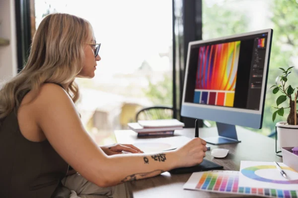 Woman works at desk using digital drawing pad to create design on monitor screen.